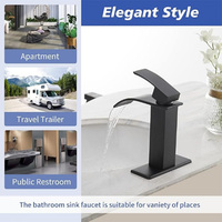 Robinet de salle de bain cascade moderne CUPC avec cartouche céramique, monotrou, monocommande, noir mat, plaque de montage et drain