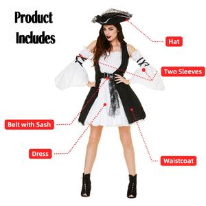 Camiseta de Disfraz de Pirata Bucanero para Mujer, Venta al Por Mayor ODM, para Halloween, Fiestas Temáticas, Eventos, Carnaval, Actuaciones, en Blanco y Negro - Product Image 2