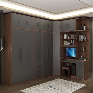 Armoire en forme <span class=keywords><strong>de</strong></span> L en noyer gris avec bureau d'angle intégré, étagères et tiroirs, montage facile, taille personnalisée, placard <span class=keywords><strong>de</strong></span> chambre du sol au plafond - Product Image 1