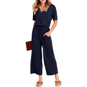 Combinaison courte décontractée d'été pour femme FOXA, manches courtes, col en V, taille élastique, jambes larges, avec poches - Product Image 1