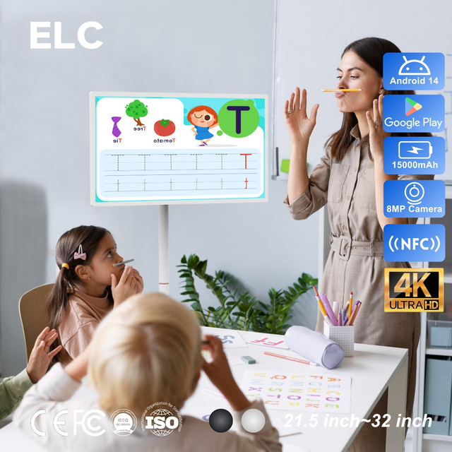 Interactive 32" Portable Smart Screen 4K UHD Android 14 Mobile Touch Monitor with Wheels for Education Classroom & Kindergarten