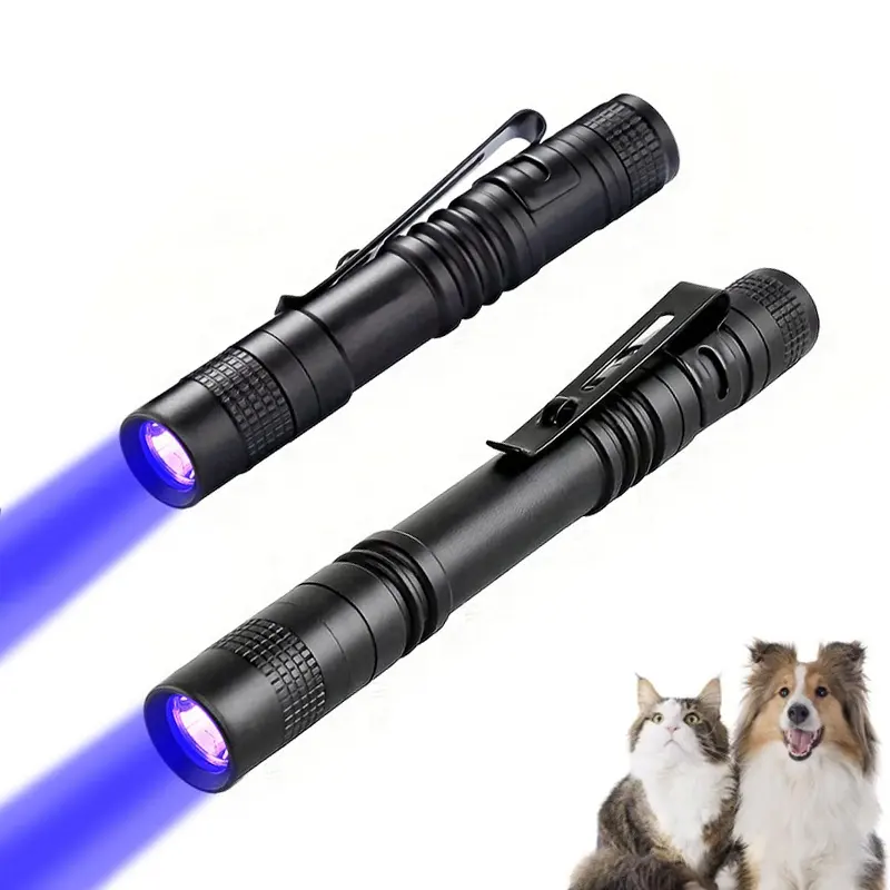 Senter UV Portabel MINI 395nm, detektor senter Ultraviolet untuk noda urin anjing hewan peliharaan, Senter LED cahaya hitam bahan Aloi Aluminium