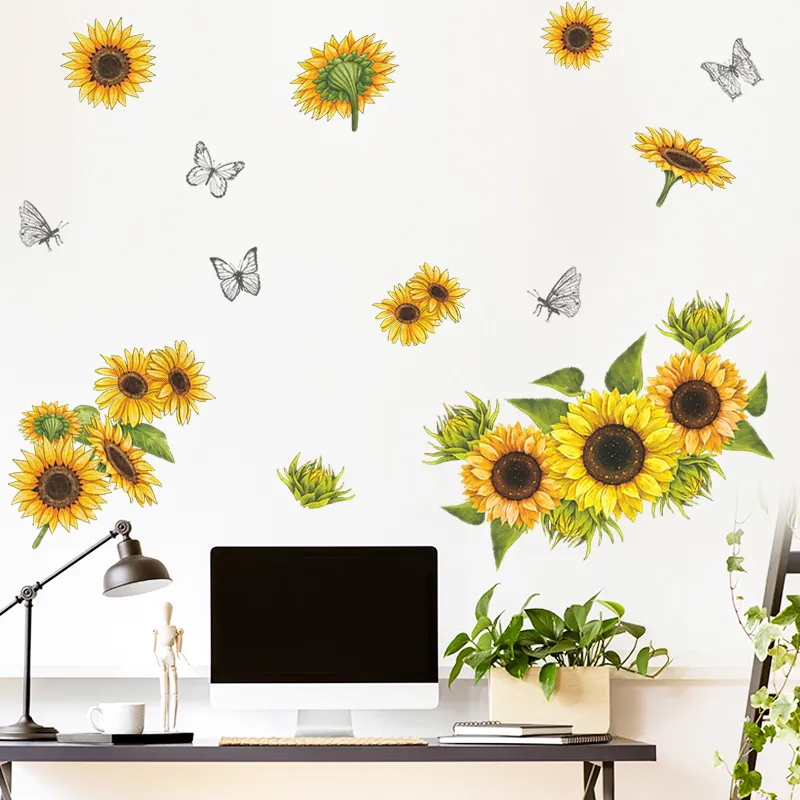 Sunflower Wall Stickers Yellow Flowers and Butterfly Wall Decal Garden Flower Wall Stickers Bedroom Living Room TV Decoration