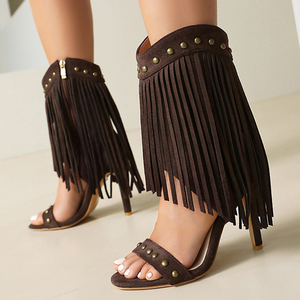 Women Tassels Summer Short <b>Booties</b> Rivets Single Band Side Zipper Ankle Boots Thin High Heels Sandals Big Size 48 Suede Shoes - Product Image 2