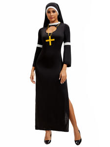 해피 파티 중세 수녀 코스프레 의상 여성을위한 검은 정장 할로윈 공연복을위한 모자와 목걸이 - Product Image 2