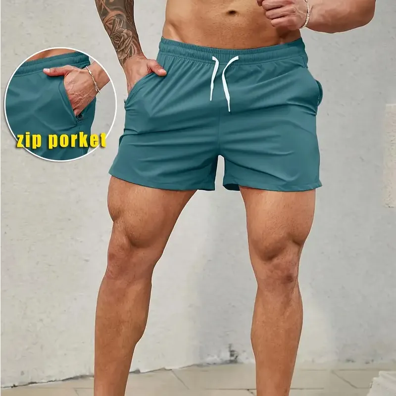 Özel çabuk kuru ve gevşek Fit elastik kemer fermuar cep boş atletik giyim eğitim spor erkek şort İpli ile