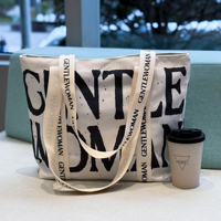 Bolso de mano de algodón de lona lisa de gran capacidad, bolso de mano con letras sólidas para mujer, bolso de compras para estudiante de trabajo