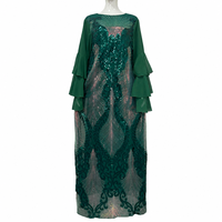 Robe de soirée élégante brodée de sequins floraux pour femme, manches longues, volants, maxi, verte, Abaya Kaftan, tenue de fête modeste musulmane
