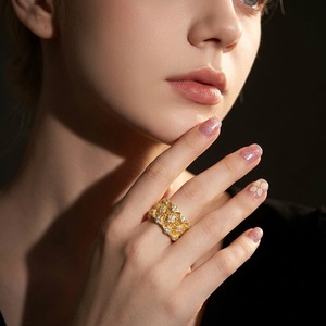Luxury Yellow <b>Gold</b> <b>Cocktail</b> <b>Ring</b> With Round Moissanite Pave Setting Geometric Hollow Design For Women Party Jewelry - Product Image 3