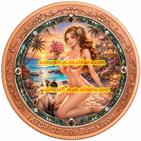 Médaille en cuivre pur 999 de 1 Troy oz, colorée, en relief, motif chat siamois et jeune fille au coucher de soleil côtier, objet de collection et souvenir artisanal