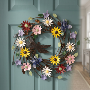 Corona Floral Rústica de Metal con Libélula, Flores Decorativas Hechas a Mano, Corona Redonda sin Luces - Product Image 5