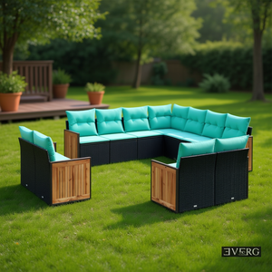 EVERG 11-Piece Black Poly <b>Rattan</b> Patio <b>Sofa</b> Set With Cushions For Garden Outdoor Furniture - Product Image 2