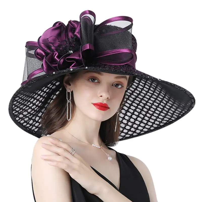 2024新しいエレガントな大きな女性Fedoras花魅惑的な女性ケンタッキーダービー広いつばの結婚式の女性教会の帽子