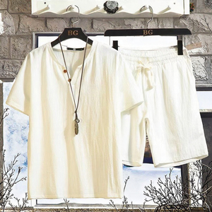 Conjunto Deportivo Informal de Dos Piezas para Hombre, Talla Grande, de Algodón y Lino, Transpirable, Camiseta con Cuello en V y Pantalones Cortos de Manga Corta para Verano - Product Image 2