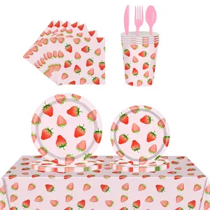 81PCS Strawberries Theme Party Decor Eco-friendly Paper Plates Napkins Tablecloth For Girl Kids Birthday Party Supplier