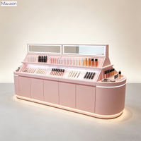 Vitrine murale rose personnalisée pour cosmétiques, avec 3 étagères inclinées combinées, présentoir de maquillage et éclairage LED