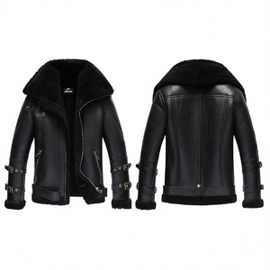 Mens Vintage Fashion Biker Sheepskin <b>Leather</b> <b>Jacket</b> Aviator B3 Bomber Flying Style <b>Retro</b> Shearling Coat Casual Sherpa Outerwear - Product Image 1