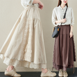 Wholesale 2026 Spring Linen Lined Lace-up <strong>Skirt</strong> Women's Embroidered <strong>Elastic</strong> Waist Mid-length A-line Sweet <strong>Skirt</strong> - Product Image 4