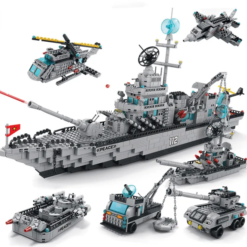 LELE BROTHER 1560 Stück 6 In 1 Marine-Schlachtschiff Zerstörer Waffe Kriegsschiff Hubschrauber Spielzeug Geschenk Für Kinder Bauklötze-Sets