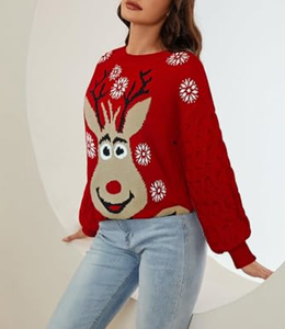 Pull de Noël moche pour femme 100 % coton, motif renne et flocon de neige tricoté, idéal pour les fêtes, motif personnalisé, haut décontracté doux - Product Image 2