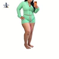 Tenues à rayures et patchwork tendance pour femmes, ensemble décontracté et sportif à manches longues, haut court à fermeture éclair et short à lacets, 2 pièces
