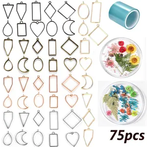 75PCS Espaços Em Branco Pingente de Bisel Aberto Para Trás Encantos Oco Molde Geométrica Pingente Assorted Pingente Quadro Artesanato DIY para a Jóia Da Resina Ma