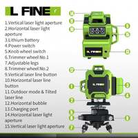Niveau laser professionnel rotatif 4D à lignes croisées vertes, niveau laser vertical 16 lignes, deux batteries de grande capacité