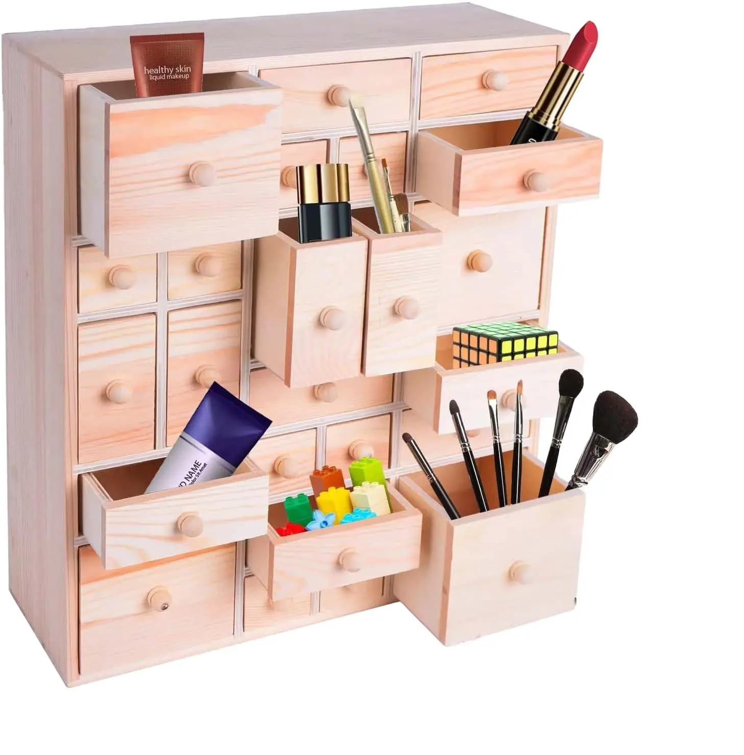 Customizable wooden DIY desktop organizer with 24 drawers for craft storage