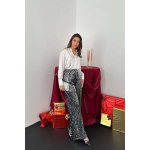 Wholesale Canvas <b>Trousers</b> Elastic High-Waist <b>Black</b> Silver <b>Sequins</b> Loose Fit Formal Pattern Autumn XL Breathable Colored-Wash - Product Image 4