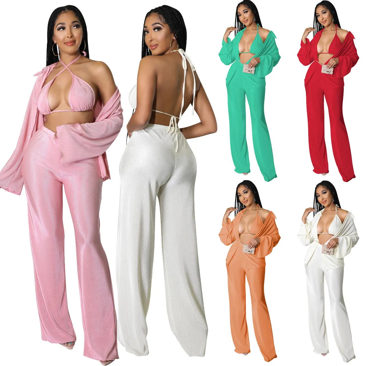 Fall 2022 Women Clothes 3 Piece Set Bikini Tops Wide Leg Pant Women Blouses Shirt Set High Quality 3 Piece Set Clothing