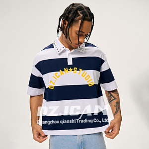 MAKITAPE Vente en gros T-shirt homme à manches courtes avec impression de rayures personnalisée, 250 g/m², col à revers, coupe ample, style polo - Product Image 4