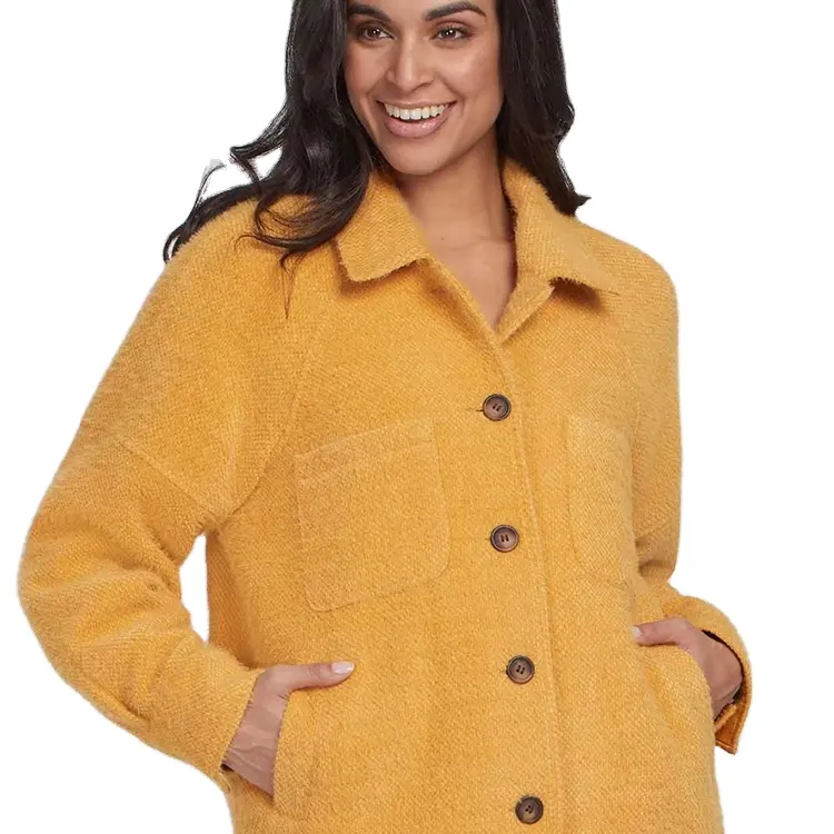 Thick Short Yellow Coat Jacket Natural Ladies Long Sleeve Spring Women Clothing With Pockets