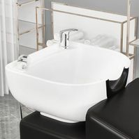 Station de lavage de cheveux pour salon de beauté et barbier, avec bac inclinable en céramique blanc et noir et siège réglable
