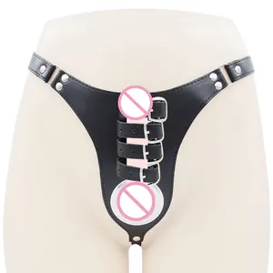 Leather penis restraint bondage fetish clothing Chastity lock dildo wearing pants for men