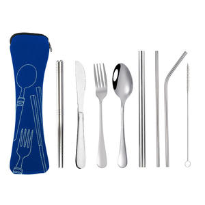 Stainless Steel <b>Portable</b> <b>Cutlery</b> <b>Set</b> 8 Piece With Straw Reusable Camping Utensil Kit For Outdoor Picnic Travel - Product Image 1