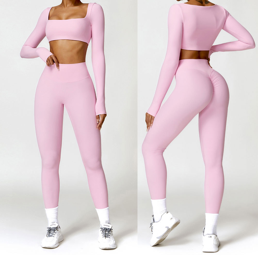 Eco-friendly 2 Piece Scrunch High Waist Leggings Suit Long Sleeve Workout Wear Gym Sportswear Women Fitness Clothes Yoga Set
