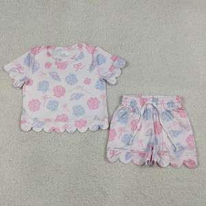 En stock: Conjunto de ropa de verano para niñas con estampado de conchas y diseño festoneado, atuendos infantiles al por mayor, nueva moda para bebés, ropa de hermanas de fábrica. - Product Image 5