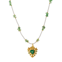 Collier vintage de style baroque en acier inoxydable plaqué or 18 carats avec perles et pendentif cœur en éclats d'aventurine verte, bijoux pour femmes