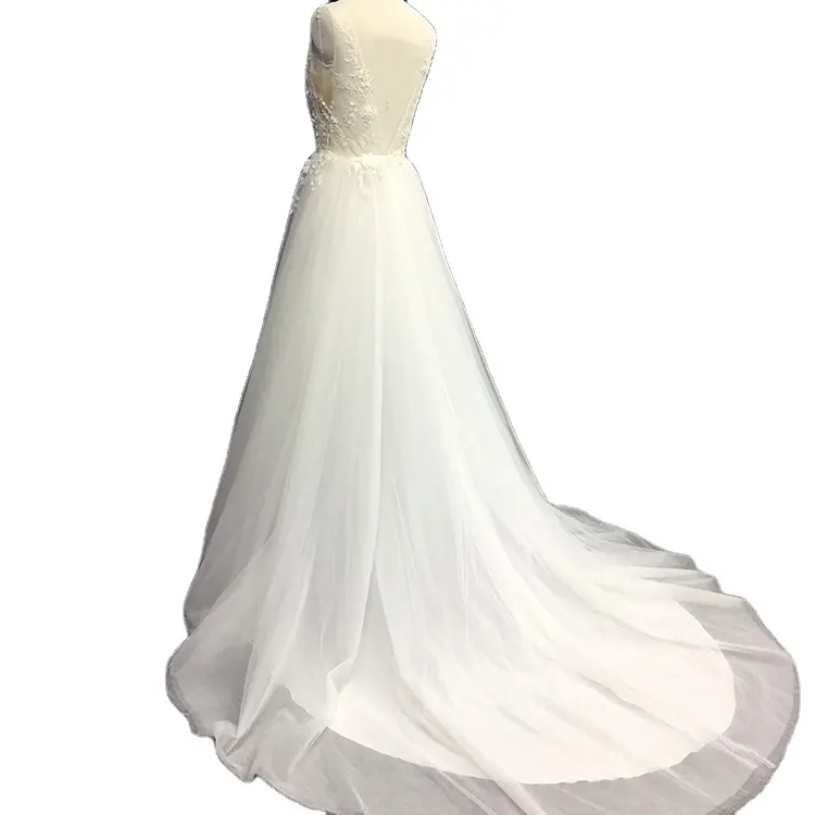 Jupe KDG longueur traînant Applique dentelle tulle col en V profond ligne A nouveau design de luxe amovible train élégant blanc robes de mariée