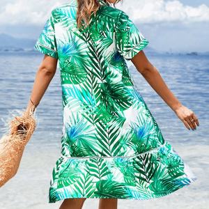 Vestido Camisero Casual Hawaiano con Estampado de Hojas y Manga Corta para Mujer - Product Image 5