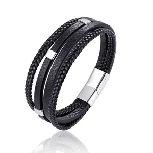 Bulk Men Jewelry Making Suppliers Multi Layer Real Leather 316L Stainless Steel Magnetic Clasp Bracelet