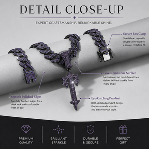 Chaîne Cubaine Noire 15 mm Iced Out, Chaîne Lien Hip Hop avec Collier Pendentif Épée <span class=keywords><strong>en</strong></span> Strass Violets, Collier Plaqué Or - Product Image 2