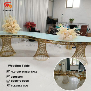 LEDA Custom Modern <b>Party</b> Event Glass Tabletop Metal Frame Gold Stainless Steel S Shape <b>Table</b> for Wedding - Product Image 3