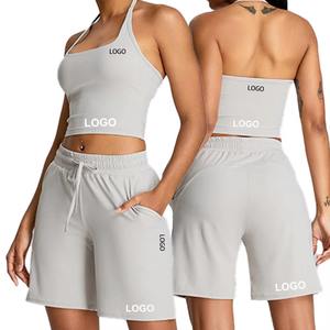 ชุดออกกำลังกายโยคะแบบสองชิ้นสำหรับผู้หญิง OEM แบบไม่มีสายรัดไหล่ แห้งเร็ว ซับเหงื่อ กางเกงขาสั้นออกกำลังกายรัดเอว ลายพิมพ์ลำลอง - Product Image 2