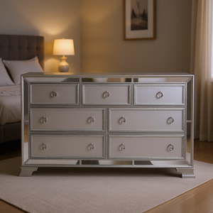 Modern Glamorous 7 Drawer <b>Dresser</b> With Beveled <b>Mirror</b> Trim Silver Finish Bedroom Furniture - Product Image 2