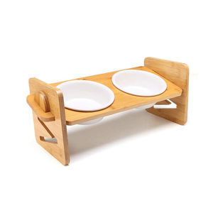 Soporte de bambú y madera para alimentar mascotas, estante para comida de perros, tazón para comida de gatos, dos compartimentos con altura ajustable, hecho a medida para exportación. - Product Image 1