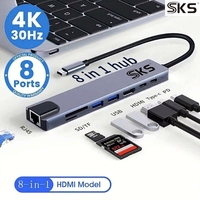 Adaptador Multipuerto USB 3.0 Tipo-C 8 en 1 con Ethernet 2.0 de 1000 Mbps, Lector de Tarjetas SD, Carga Rápida, Aleación de Aluminio