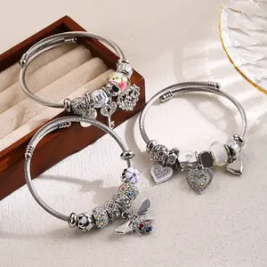 Cheap Women Silver Stainless Steel Charm Bracelet Crystal Lock Key Beads Heart Charm Bangle Bracelet