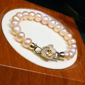 18K Gold Plated Camellia bracelet 9-10 mm natural Freshwater Pearl pearl bracelet Flower Pendant Bracelet For Women