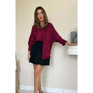 Chemise boutonnée en satin jacquard bordeaux pour femme, chemisier asymétrique décontracté à manches longues pour tous les jours - Product Image 2